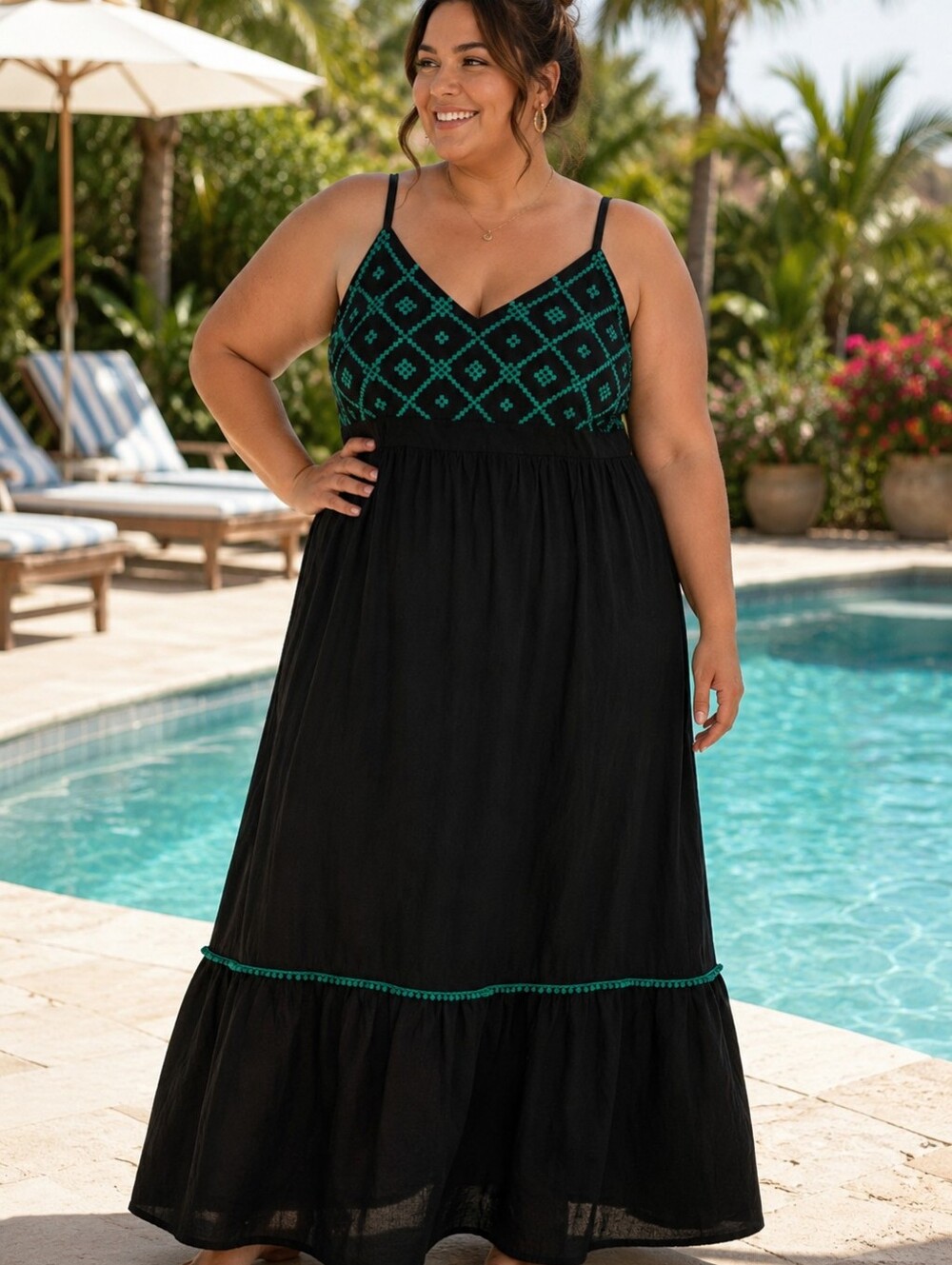 Ava & Viv Black Maxi Dress with Teal Embroidered Bodice Size 2X